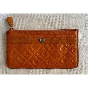 VTG BRIGHTON Floral Hearts & Insects Embossed Orange Leather Zippered Wallet